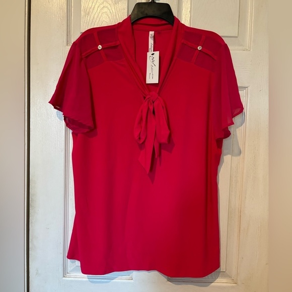 NWOT NY Collection Fushia Knit Blouse with Chiffon Short Sleeves And Knit Bow - Picture 1 of 6